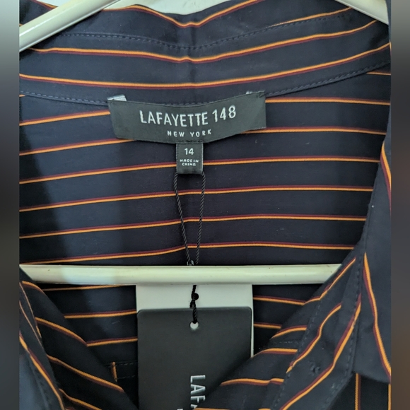 Lafayette 148 New York Button Front Dramatic Cuff Striped Shirt Size 14 New - Picture 3 of 10